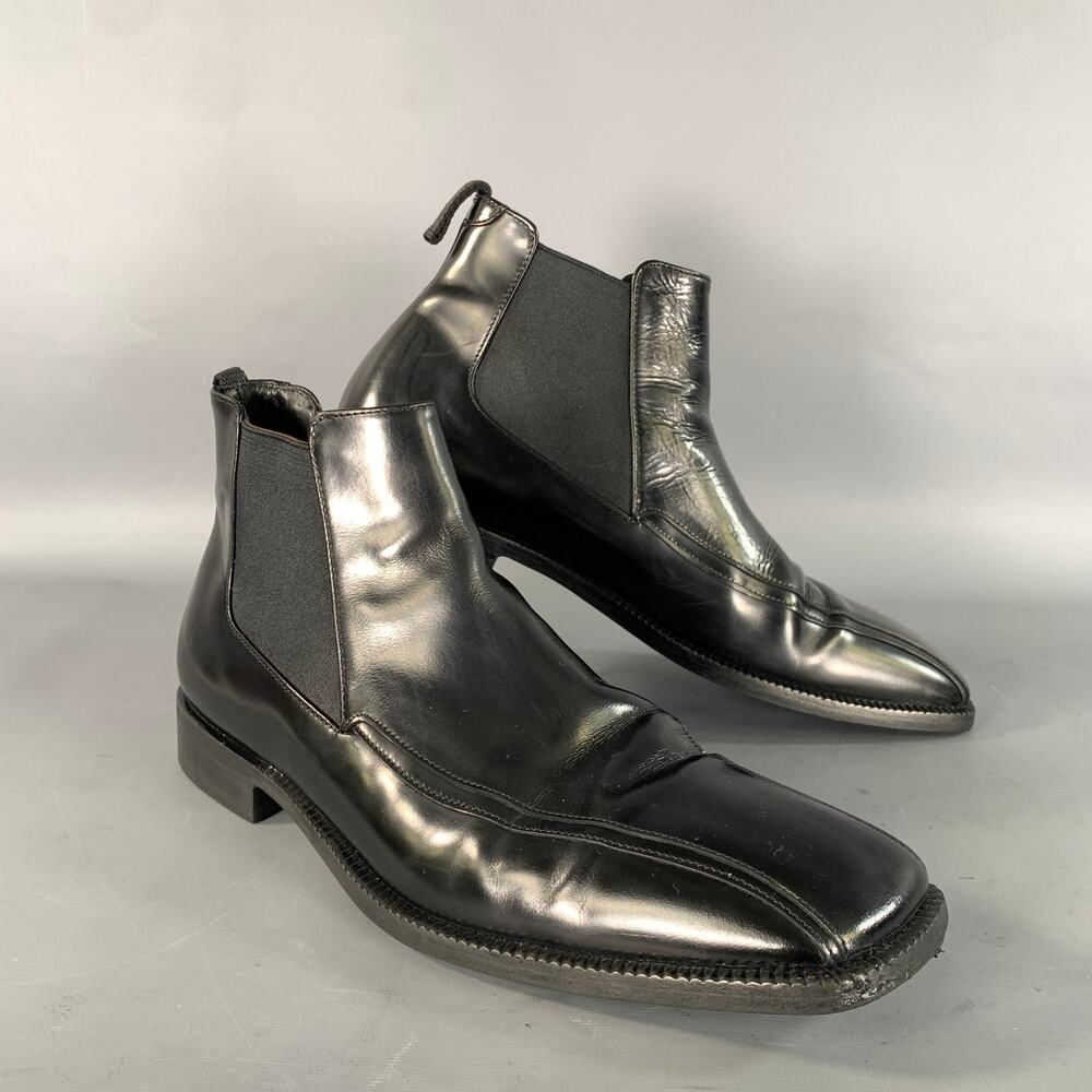 PRADA Size 9.5 Black Shimmery Leather Chelsea Boots